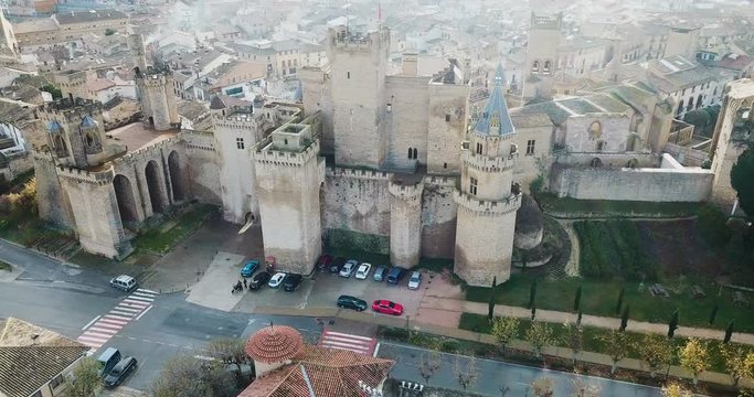 Aerial view of impressive medieval Royal Palace of Olite in autumn day, Navarre, Spain