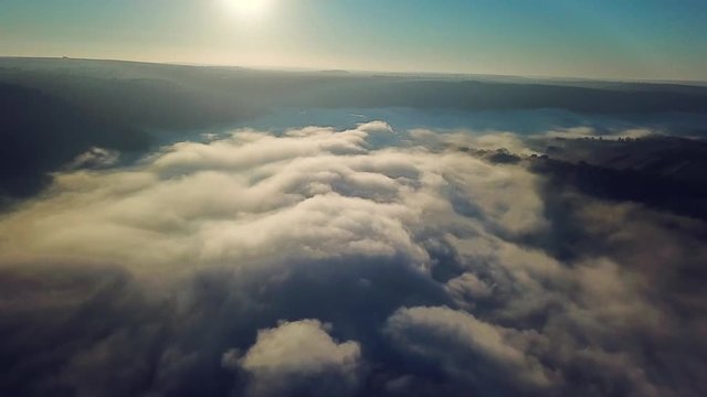 aerial view of river at sunrise, fly over morning mist on the river, Very high view of the river at sunrise, Aerial view of mystical river at sunrise with fog, sun above the river aerial