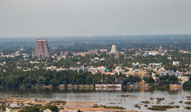 Captured Beautiful Aerial View Landscape Shot of Sri Ranganatha Swamy Temple in Srirangam Island which is a very famous Hindu religious and tourist spot in Tiruchirappalli Tamilnadu South India Asia