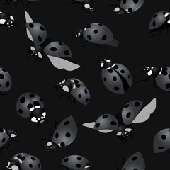 Seamless pattern in gray tones with red beetles