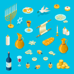 Vector Hanukkah isometric 3d elements set. Jewish holiday 3 dimensional objects. Menorah, dreidel, jug, candles, doughnuts, star of David isolated.