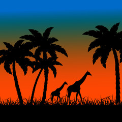 background with a picture of the African landscape with silhouettes of palms and giraffes