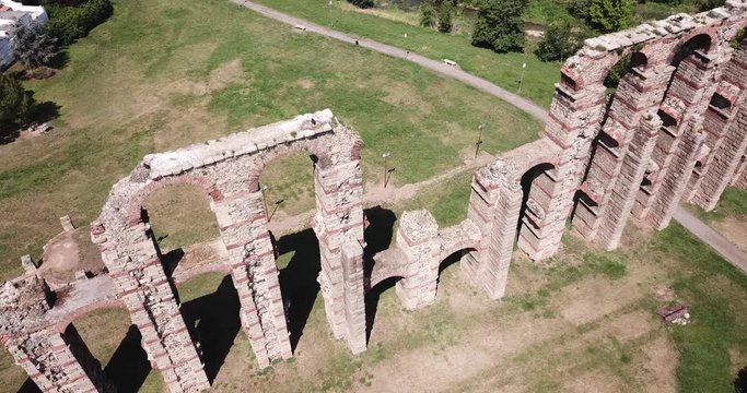 Aerial view of ancient roman stone aqueduct in Merida, Spain