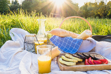 French baguette, orange juice and stewed vegetables on a picnic