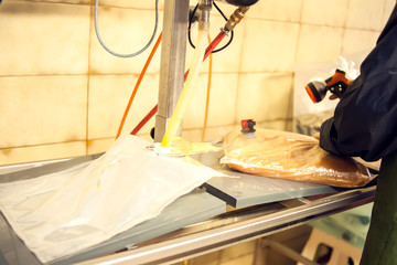 A processing of apples for fresh juice production. Food and healthy drinks