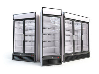 Set of  different empty showcase refrigerators. Fridges with glass door isolated on white.