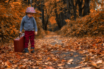 Sad Toddler child boy in a hat and retro style looks down, holds an old suitcase against the backdrop of an autumn park and dry leaves. Full-length Artistic Portrait
