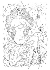 Vector hand drawn sexy pin-up witch with long wavy hair and wide brim fashion hat. Sorceress sits on a large pumpkin and holds a magic wand star. Cinderella Halloween Design card, print on t-shirt  