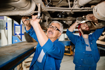 Mature technical professional in workwear and his trainee examining broken car
