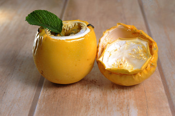 Passion fruit.Native of southeastern Brazil.Great natural soothing. Light background. View from the top. Horizontal.