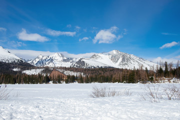 Beautiful winter landscape at Strbske Pleso lake in high Tatras mountains
