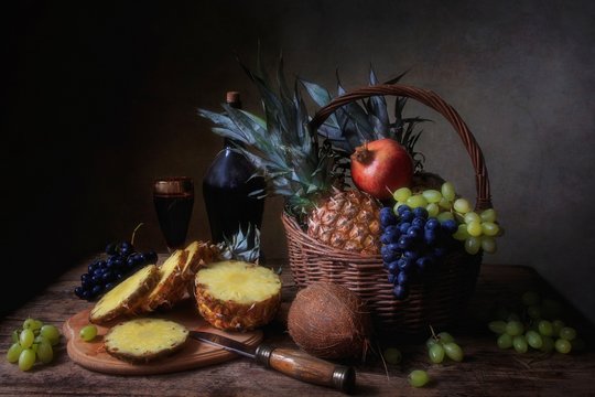 Still life with tropical fruits in vintage style