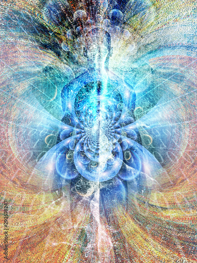 Poster digitized soul. spirit emerges from binary code space