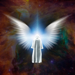 Surreal digital art. Figure of man in white cloak stands before bright star with white angel's wings