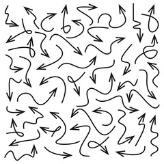 Set of vector curve arrows. Hand drawn arrows in doodle style