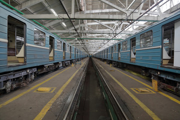 Fototapeta na wymiar Inside the Kaluzhskoye electric depot for the maintenance and repair of passenger trains and cars of the city metro. Moscow, Russia