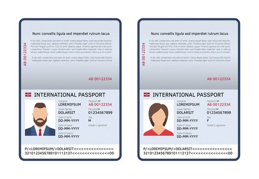 Open international passports. Id blank male and female document photo page. Vector travel and immigration template document for personalize citizenship