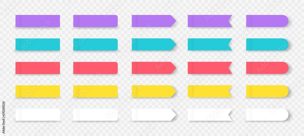 Poster Sticky notes. Colored book and notebook marks isolated on transparent background. Vector rectangular notepad sheets stickers or label tag to reminder set on transparent background