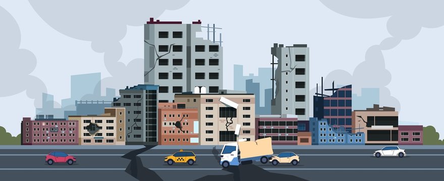 City earthquake. Cartoon natural disaster landscape with cracks and damages  on buildings and ground. Vector city destruction after quake or disaster.  Illustration concept insurance construction Stock Vector | Adobe Stock
