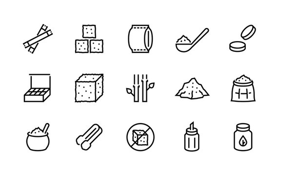 Sugar line icon. Sweeteners products, sugar cane cube bag and packages, stevia and cane organic sugar pictograms. Vector design outline healthy food set