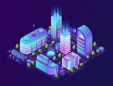 Isometric smart city. Futuristic 3D buildings in neon town, modern megapolis district in gradient colors. Vector illustrations architecture color technology thematic background
