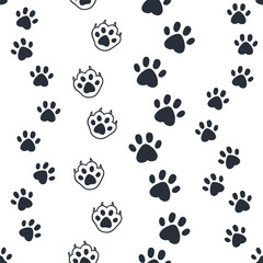 Fototapeta premium Cat paw pattern. Seamless dog foot print, wild animal and pat sunny paws silhouettes for background. Vector image out foots kitten and puppy cute wallpaper
