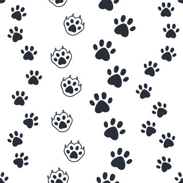 Cat paw pattern. Seamless dog foot print, wild animal and pat sunny paws silhouettes for background. Vector image out foots kitten and puppy cute wallpaper