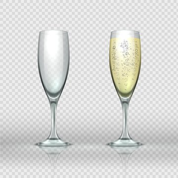 Realistic champagne glass. Empty and full transparent champagne wine glasses. Vector isolated realistic two 3D illustrations luxury clear cup sparkling wine with bubbles for love toasts