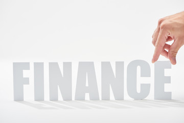 cropped view of man holding e letter on finance inscription on white background
