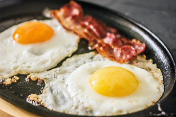 Fried eggs with bacon in a pan. Classic bacon and eggs. Keto Diet LCHF Keto breakfast. Low carb diet concept. high fat diet.  Fried eggs and crispy bacon closeup