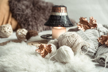 Autumn still Life home decor in a cozy house.