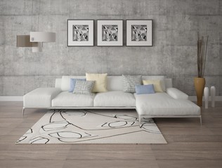 Mock up a trendy living room with a stylish corner sofa and an original hipster backdrop.