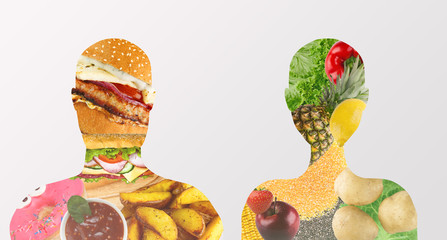 Unhealthy food inside man vs healthy product in woman