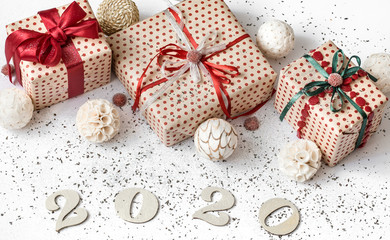 New year 2020 white festive background with gift