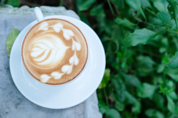 A cup of latte on the chair in a garden.