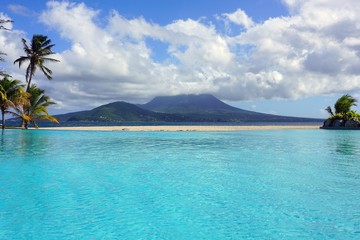 Day view of the Nevis Peak volcano across the water from St Kitts