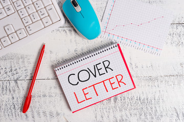 Conceptual hand writing showing Cover Letter. Concept meaning document explaining the applicant s...