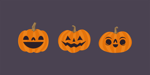 Set of cute halloween pumpkins with funny faces. Vector illustration.