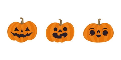 Set of cute halloween pumpkins with funny faces. Vector illustration.