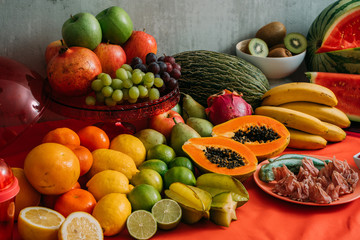 Assortment of organic fresh fruits and vegetables. Detox Diet and Healthy Organic Food concept