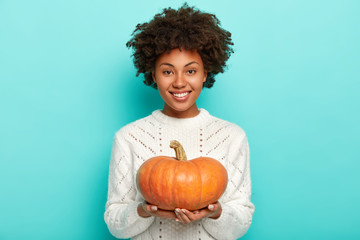 Horizontal shot of happy dark skinned model with Afro hair, holds big ripe orange pumpkin, knows good recipe for preparing tasty organic meal, wears white sweater, isolated over blue background