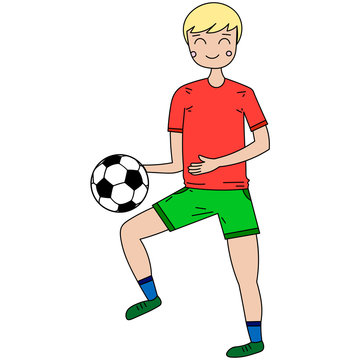 Cartoon image of a boy, child or kid who plays the ball. Vector image of a football player. Healthy lifestyle, sports, active games.