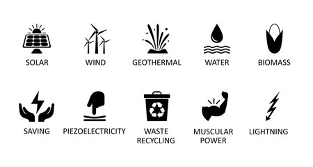 Alternative energy sources icons. Renewable energy sign, nature power symbols – stock vector - obrazy, fototapety, plakaty