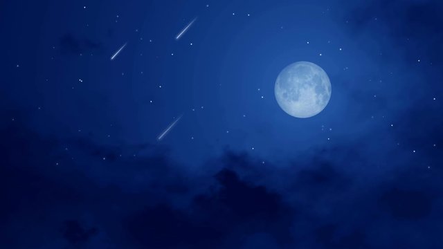 Dreamlike starry night sky with fantastic big full moon and falling stars or meteors. Simple natural background 3D animation rendered in 4K