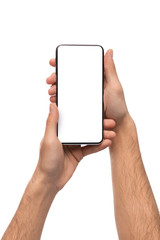 Frameless smartphone with blank screen in male hands