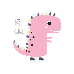 Cute pink dinosaur roller runner. Kids apparel print. Vector hand drawn illustration.