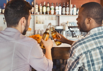 Back view of two guys drinking beer together in bar