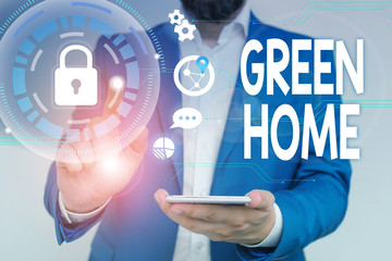 Word writing text Green Home. Business photo showcasing An area filled with plants and trees where you can relax Male human wear formal work suit presenting presentation using smart device