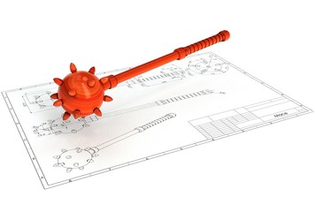 3d illustration of medieval viking mace above technical engineering drawing
