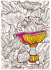 Picture with Mushrooms. Antistress sketch drawing